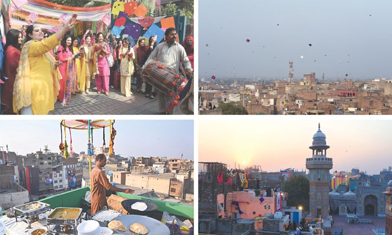 (Clockwise) Students enjoy drumbeats to celebrate the Basant Festival at the Punjab University Art and Design College. A view of the sky filled with colourful kites. A cook prepares traditional food on a rooftop in the Walled City. Families gather on rooftops to fly kites. — Photos by White Star & APP (Clockwise) Students enjoy drumbeats to celebrate the Basant Festival at the Punjab University Art and Design College. A view of the sky filled with colourful kites. A cook prepares traditional food on a rooftop in the Walled City. Families gather on rooftops to fly kites. — Photos by White Star & APP
