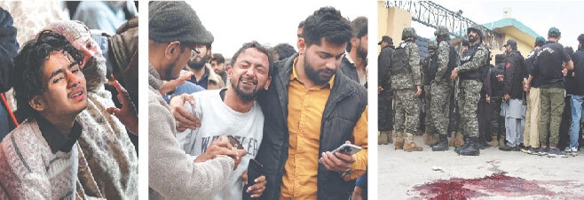 (LEFT to right) Family members of blast victims are overcome with grief as they wait for word of their loved ones; people console a man at the site of the bombing, and security personnel are seen gathered around the main gate of the imambargah.&mdash;AFP / Mohammad Asim