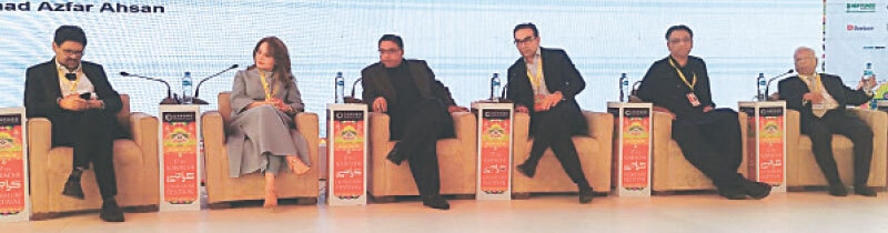 (From left) Miftah Ismail, Zeelaf Munir, Azfar Ahsan, Muhammad Ali, Asad Umar and Dr Ishrat Husain at the panel discussion.—Dawn