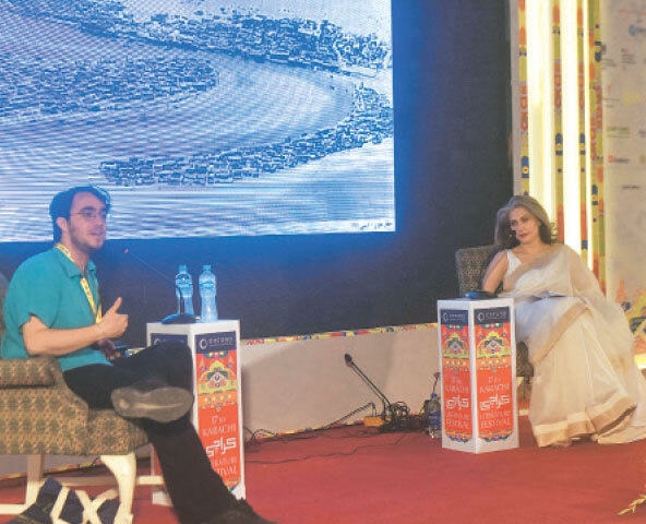 Historian Sam Dalrymple speaks as moderator Aliya Iqbal-Naqvi looks on at a KLF session.&mdash;Fahim Siddiqi/ White Star