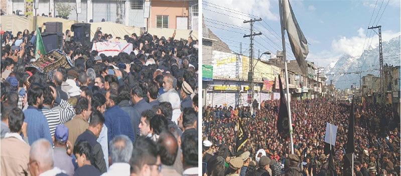  Mourners attend the funeral of victims of Friday&rsquo;s suicide blast at Tarlai Imambargah in Islamabad on Saturday. In the other picture, people gather at Yadgar-i-Shuhada in Skardu to protest against the attack. &mdash; Photos by Tanveer Shahzad &amp; Jamil Nagri 