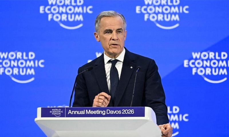 Canadian Prime Minister Mark Carney delivering his speech at the World Economic Forum in Davos on January 20, 2026: for Carney, as also other US allies, US hegemony worked and made them prosper as long as its application of force targeted states and societies in the Global South | AFP