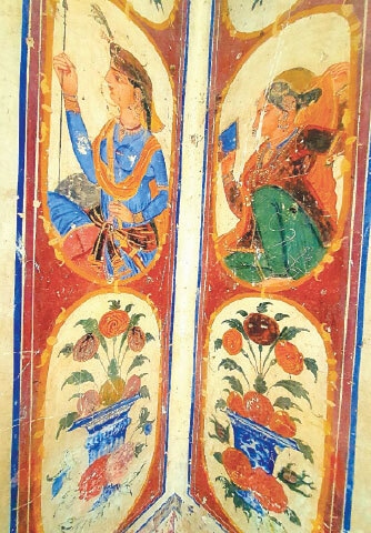The fresco work depicts images of a Mughal emperor and princess as well as flowers.