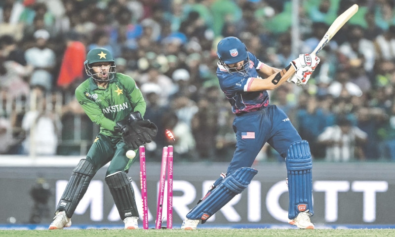 COLOMBO: USA batter Sanjay Krishnamurthi is clean bowled by Pakistan’s Abrar Ahmed during their T20 World Cup group stage match at the SSC Ground. Pakistan comfortably beat the Americans by 32 runs, two years after suffering an upset at their hands at the last ICC T20 cup.—AFP