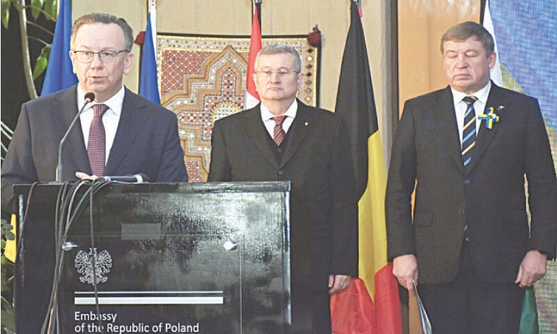 Polish Ambassador Maciej Pisarski speaks at a ceremony held on the anniversary of Russian invasion of Ukraine, in Islamabad on Wednesday. — White Star Polish Ambassador Maciej Pisarski speaks at a ceremony held on the anniversary of Russian invasion of Ukraine, in Islamabad on Wednesday. — White Star