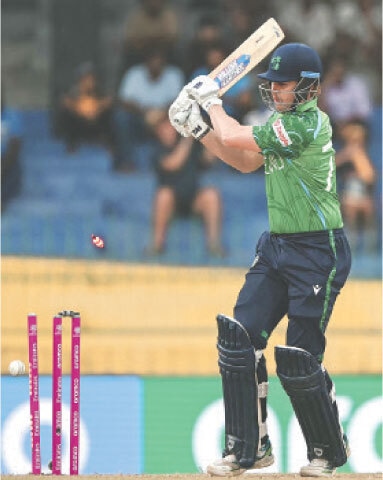  Ireland batter Ben Calitz is clean bowled by Australian pacer Nathan Ellis during their match at the R. Premadasa Stadium on Wednesday.&mdash;AFP 