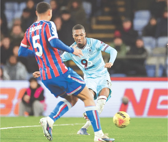 LONDON: Burnley&rsquo;s Jaidon Anthony (R) shoots to score against Crystal Palace during their Premier League match at Selhurst Park.&mdash;Reuters