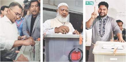 (LEFT to right) BNP chief Tarique Rahman, Jamaat-i-Islami leader Shafiqur Rahman, and Nahid Islam of the National Citizen Party cast their votes during general elections in Bangladesh.—AFP / Reuters