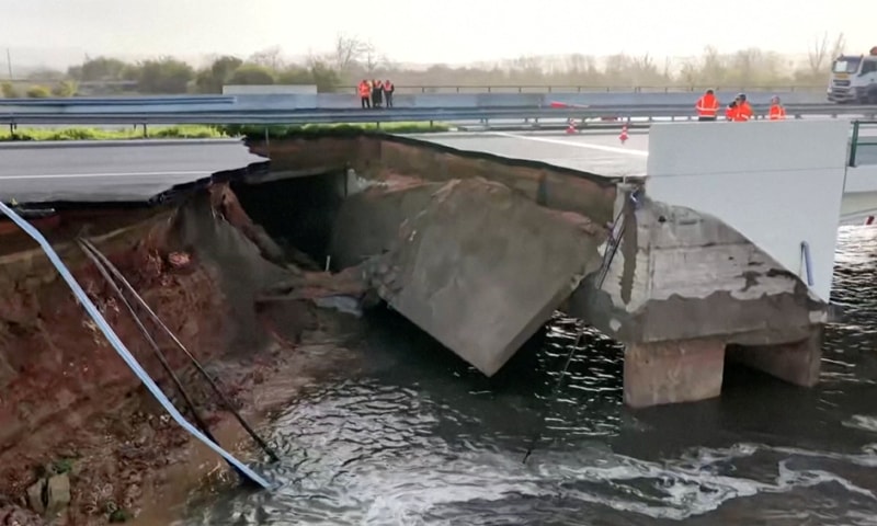 THE damaged stretch of a motorway which collapsed following heavy rains in Coimbra, Portugal.—Reuters THE damaged stretch of a motorway which collapsed following heavy rains in Coimbra, Portugal.—Reuters