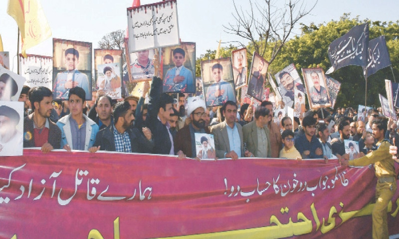 People stage a protest against the terrorist attack in Tarlai Imambargah on Fazl-i-Haq Road in Islamabad’s Blue Area on Friday. — White Star People stage a protest against the terrorist attack in Tarlai Imambargah on Fazl-i-Haq Road in Islamabad’s Blue Area on Friday. — White Star