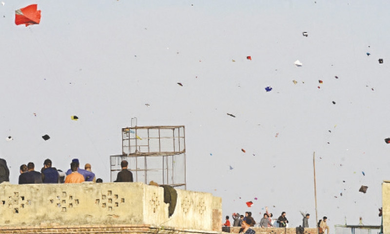 Youngsters fly kites from the rooftops of their houses in Banni area of Rawalpindi despite a ban on Friday. — Photo by Mohammad Asim Youngsters fly kites from the rooftops of their houses in Banni area of Rawalpindi despite a ban on Friday. — Photo by Mohammad Asim