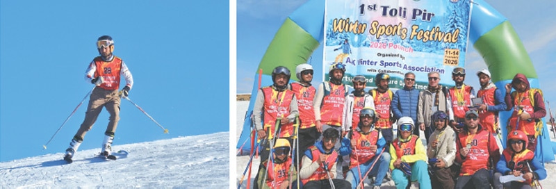 A skier races down the slope during the giant slalom event while members of Neelum Ski Club, AJK, pose for a photograph at the closing ceremony of the Winter Sports Festival in Toli Peer on Saturday. — Dawn