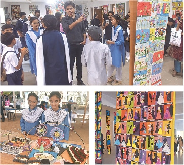 (Top) Shehzad Roy is surrounded by students; (bottom) two girls show their creations, while a combo of artworks (right) displayed at the exhibition.&mdash;Fahim Siddiqi / White Star