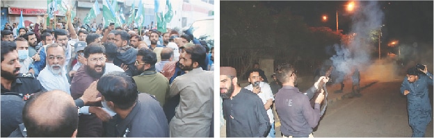 Workers of Jamaat-i-Islami are stopped on the road leading to the Sindh Assembly; a policeman (right) fires tear gas shells to disperse the crowd.&mdash;Dawn