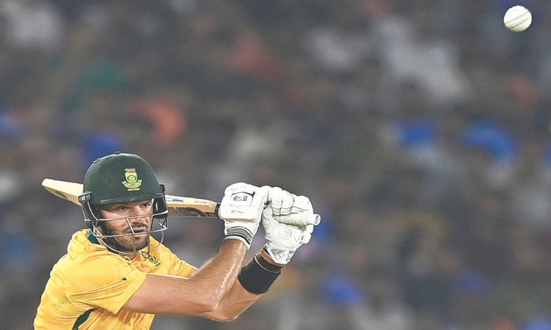 South African captain Aiden Markram plays a shot during the group stage match against New Zealand.&mdash;AFP