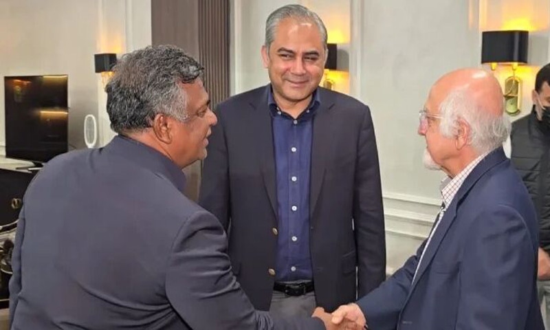 A screengrab of the meeting between BCB President Aminul Islam (left), ICC Deputy Chairman Imran Khwaja (right) and PCB Chairman Mohsin Naqvi (centre) in Lahore on Feb 8