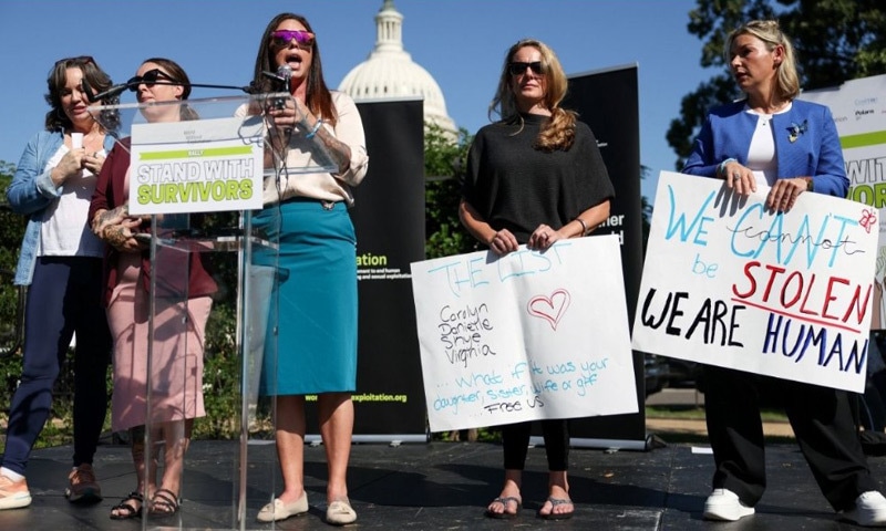 Haley Robson, victim of late financier and sex offender Jeffrey Epstein, speaks on the day of a rally in support of Epstein's victims, on Capitol Hill in Washington, DC, US, on September 3, 2025 | Reuters