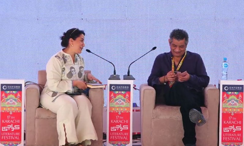 Mohammed Hanif with Sanam Maher at the KLF launch of his book Rebel English Academy | OUP