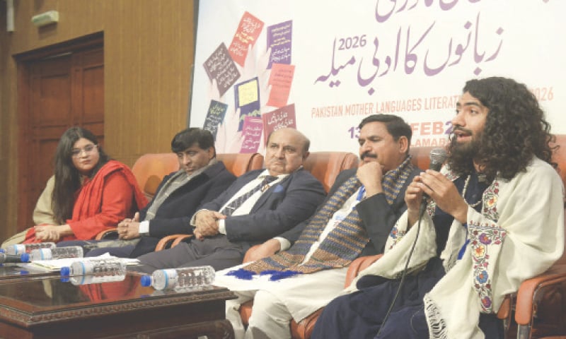 (Left to Right) Visual artist and activist Abuzar Madhu recites Guru Nanak&rsquo;s poetry at a discussion on &lsquo;Folk Literature and Climate Change&rsquo; at the Pakistan Mother Languages Literature Festival in Islamabad on Sunday. Saraiki poet Ismatullah Shah, academic and researcher Dr Mohammad Ismail Kumbhar, Sindhi poet, writer Javed Soz and journalist Aliza Khalid are also present. &mdash; White Star