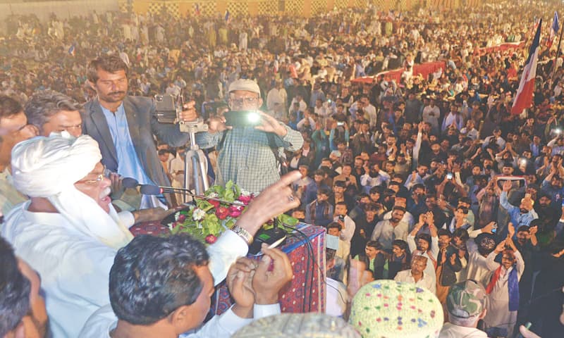 SINDH Taraqqi-pasand Party Chairman Dr Qadir Magsi addresses workers in Hyderabad.&mdash;Dawn