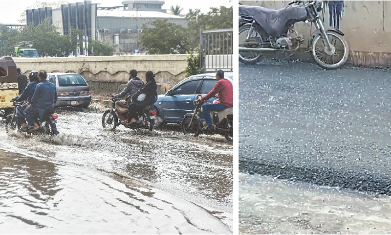 Vehicles drive through water accumulated on a road after the city received mild to moderate showers, accompanied by hail (right) in several areas. &mdash;Fahim Siddiqi / White Star