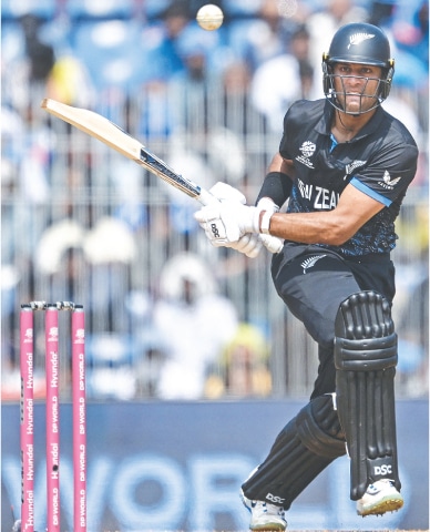 CHENNAI: New Zealand batter Rachin Ravindra plays a shot during the group stage match against Canada at the MA Chidambaram Stadium on Tuesday.&mdash;AFP