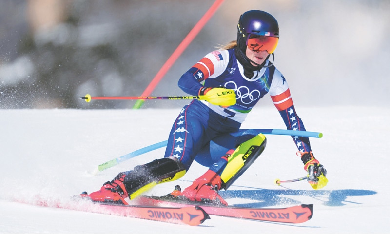 BELLUNO: Mikaela Shiffrin of the US in action during the Alpine Skiing women&rsquo;s slalom competition of the Winter Olympics at the Tofane Alpine Skiing Centre on Wednesday.&mdash;Reuters