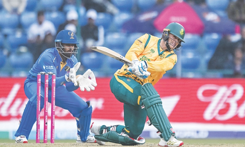 South African batter Ryan Rickelton plays a shot during the group stage match against the United Arab Emirates at the Arun Jaitley Stadium on Wednesday.—AFP South African batter Ryan Rickelton plays a shot during the group stage match against the United Arab Emirates at the Arun Jaitley Stadium on Wednesday.—AFP