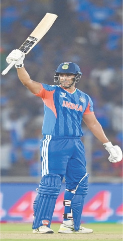 INDIAN batter Shivam Dube celebrates scoring a half-century during the group stage match against the Netherlands at the Narendra Modi Stadium on Wednesday.—AFP