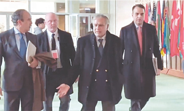 A screen grab of Deputy PM Ishaq Dar&rsquo;s arrival at UN headquarters in New York.&mdash;X/PakistanUN_NY