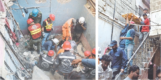 Rescue workers comb through the debris to pull out survivors; while, an injured person (right) is taken to a hospital on a stretcher from the Soldier Bazaar building.—Online