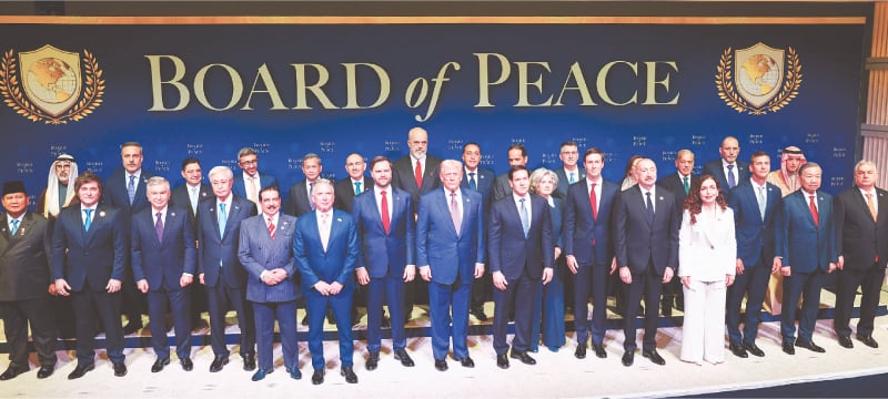 WORLD leaders, including Pakistani PM Shehbaz Sharif, join US President Donald Trump for a group photo at the inaugural &lsquo;Board of Peace&rsquo; meeting in Washington.&mdash;Reuters