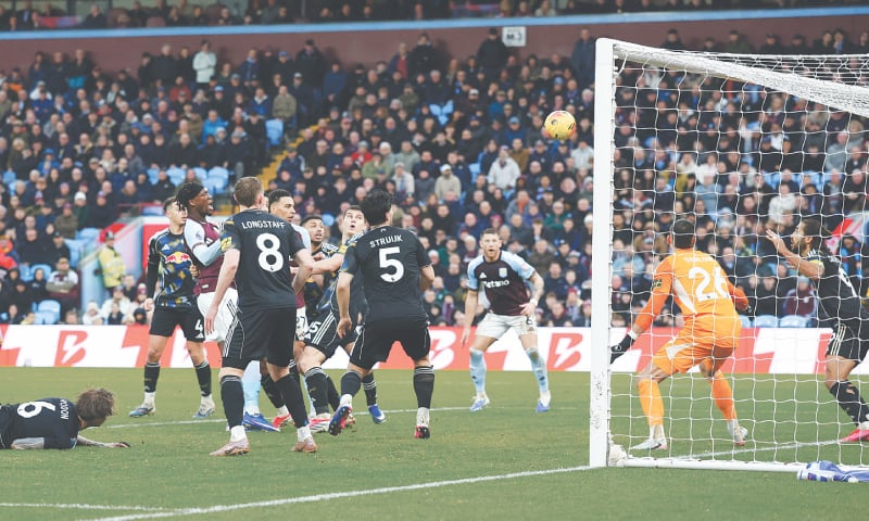 BIRMINGHAM: Aston Villa&rsquo;s Tammy Abraham (third L) heads to score against Leeds United during their Premier League match at Villa Park on Saturday.&mdash;Reuters