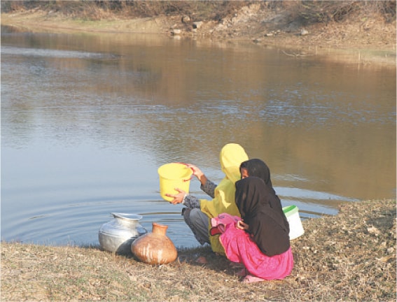 A family is fetching water for household use from the pond in the nearby jungle.