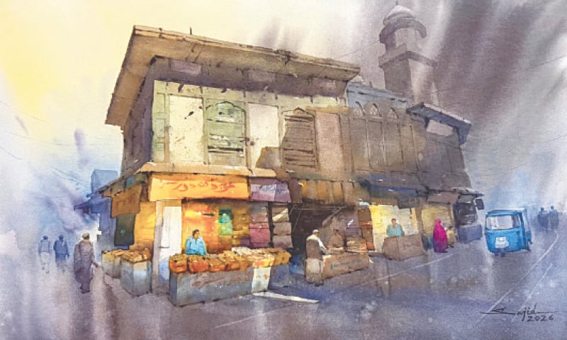 Misgaran Bazaar painted in water colours by Ali Sajid. &mdash; Dawn