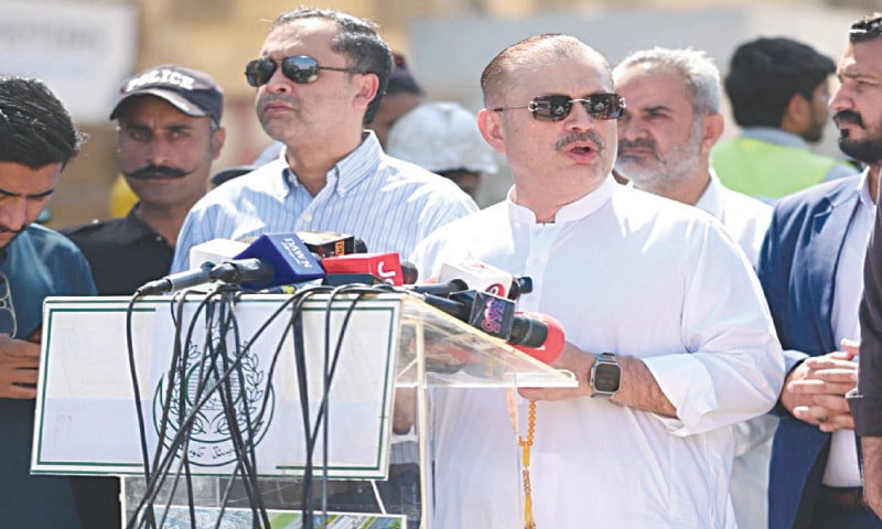 Minister Sharjeel Memon speaks during a visit to Red Line project.—Dawn Minister Sharjeel Memon speaks during a visit to Red Line project.—Dawn