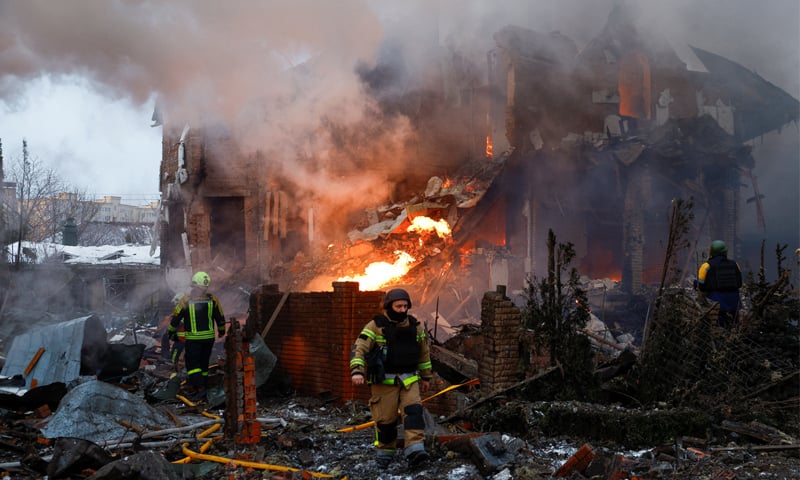 Kyiv: A firefighter works at the site of a residential building damaged during Russian drone and missile strikes on Sunday. &mdash; Reuters