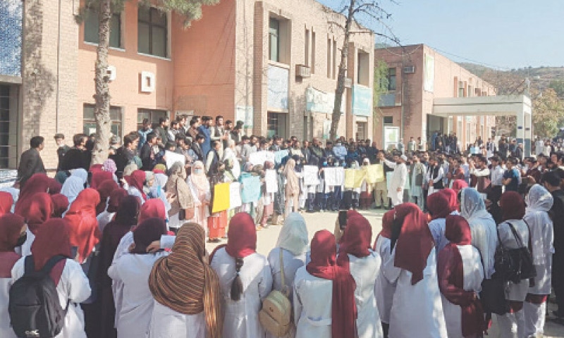Doctors stage a protest in KDA hospital, Kohat, on Monday. &mdash; Dawn