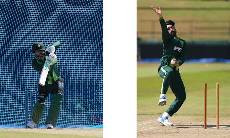 PAKISTAN&rsquo;S Babar Azam bats in the nets while fellow pacer Salman Mirza bowls during a training session at the Pallekele International Cricket Stadium on Monday.&mdash;Courtesy PCB