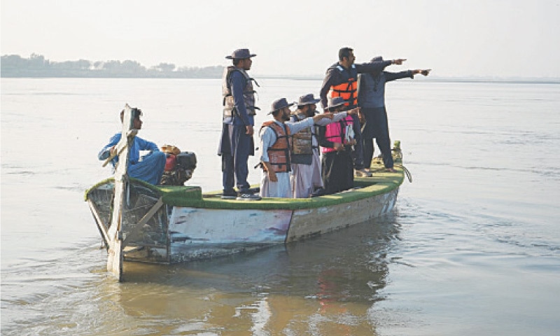 Wildlife department officials conduct a survey for dolphin population in the Indus River, Dera Ismail Khan. &mdash; Dawn