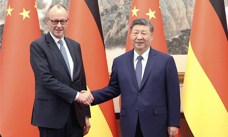 CHINA&rsquo;s President Xi Jinping and Germany&rsquo;s Chancellor Friedrich Merz shake hands at the Diaoyutai State Guesthouse, in Beijing.&mdash;Reuters