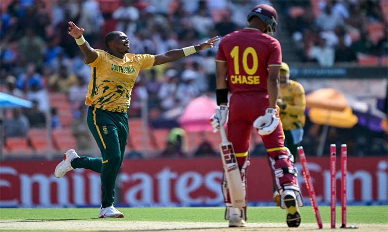 AHMEDABAD: South African pacer Lungi Ngidi celebrates after dismissing West Indies batter Roston Chase during their Super Eights match at the Narendra Modi Stadium on Thursday.&mdash;AFP