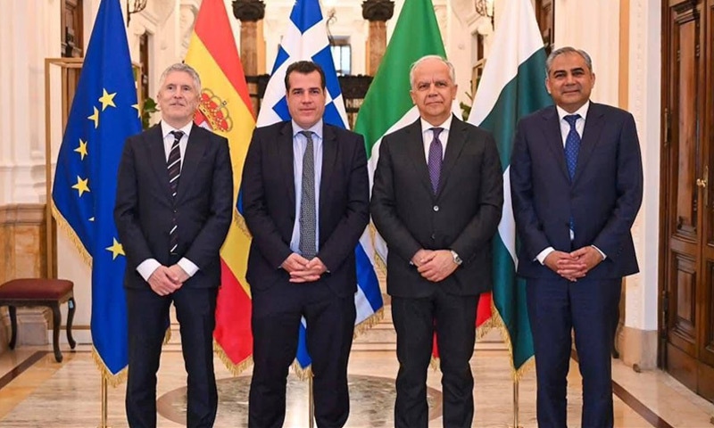 (From left) Spain’s Interior Minister Fernando Grande-Marlaska, Greece’s Migration Minister Athanasios Plevris, Italy’s Interior Minister Matteo Piantedosi and Interior Minister Mohsin Naqvi pose for a photo in Rome.—X/MohsinnaqviC42 (From left) Spain’s Interior Minister Fernando Grande-Marlaska, Greece’s Migration Minister Athanasios Plevris, Italy’s Interior Minister Matteo Piantedosi and Interior Minister Mohsin Naqvi pose for a photo in Rome.—X/MohsinnaqviC42