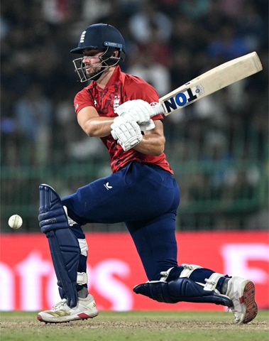 COLOMBO: England’s Will Jacks plays a stroke during the Super Eights match against New Zealand at the R. Premadasa Stadium on Friday.—AFP