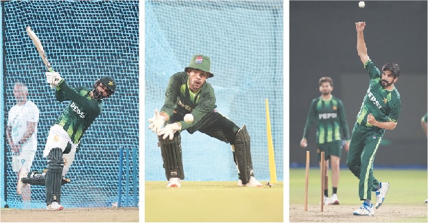 PALLEKELE: Pakistan batter Fakhar Zaman, wicket-keeper Usman Khan and spinner Usman Tariq in action during a training session at the Pallekele International Stadium on Friday.—courtesy PCB