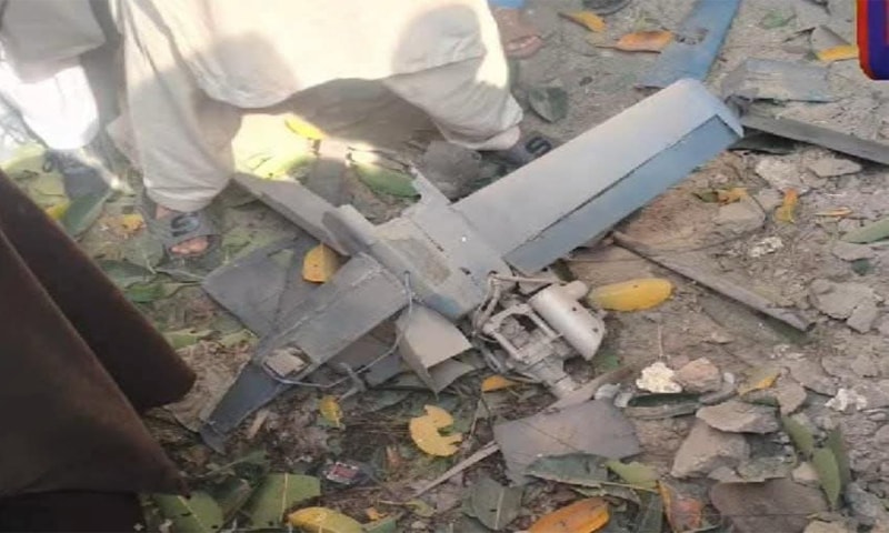 ONE of the drones, ostensibly sent by Afghan forces, is seen crashed in Swabi.—Dawn ONE of the drones, ostensibly sent by Afghan forces, is seen crashed in Swabi.—Dawn