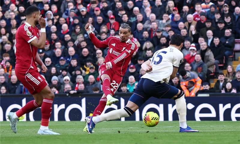 LIVERPOOL: Hugo Ekitike (C) of Liverpool shoots to score against West Ham United during their Premier League match at Anfield on Saturday.&mdash;Reuters