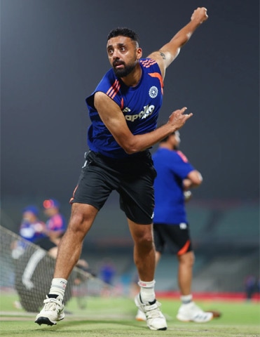 KOLKATA: Indian spinner Varun Chakravarthy bowls in the nets during a training session at the Eden Gardens on Saturday.&mdash;Courtesy ICC