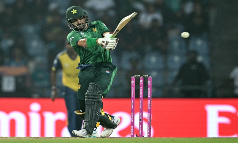 PALLEKELE: Pakistan opener Sahibzada Farhan plays a shot during the Super Eights match against Sri Lanka at the Pallekele International Cricket Stadium on Saturday.—AFP PALLEKELE: Pakistan opener Sahibzada Farhan plays a shot during the Super Eights match against Sri Lanka at the Pallekele International Cricket Stadium on Saturday.—AFP