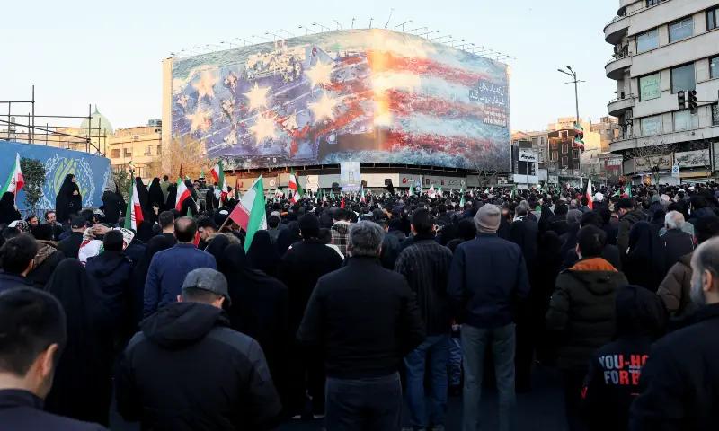 People react as they gather at the Enghelab Square, after Iran&rsquo;s Supreme Leader Ayatollah Ali Khamenei was killed in Israeli and US strikes on Saturday, in Tehran, Iran on March 1, 2026. &mdash; Reuters